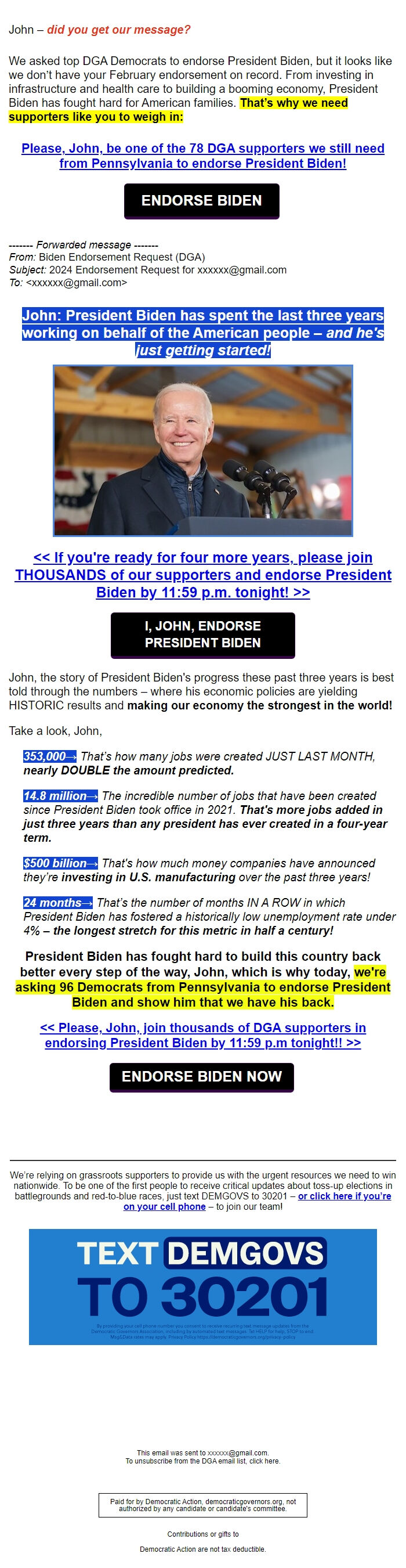 Screenshot of the email generated on import
