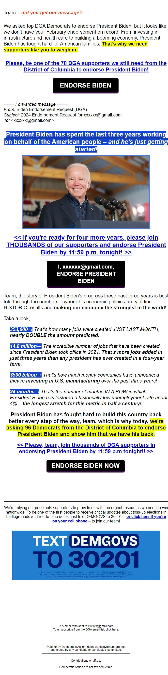 Screenshot of the email generated on import