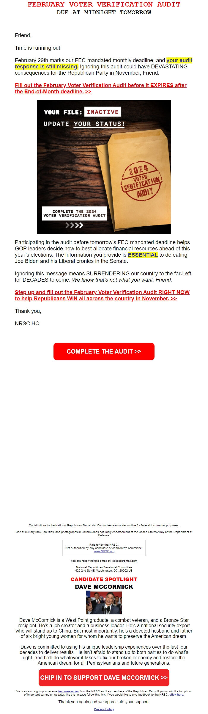 Screenshot of the email generated on import