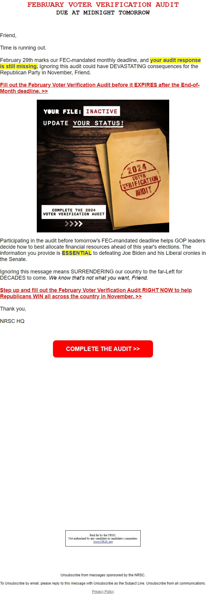 Screenshot of the email generated on import