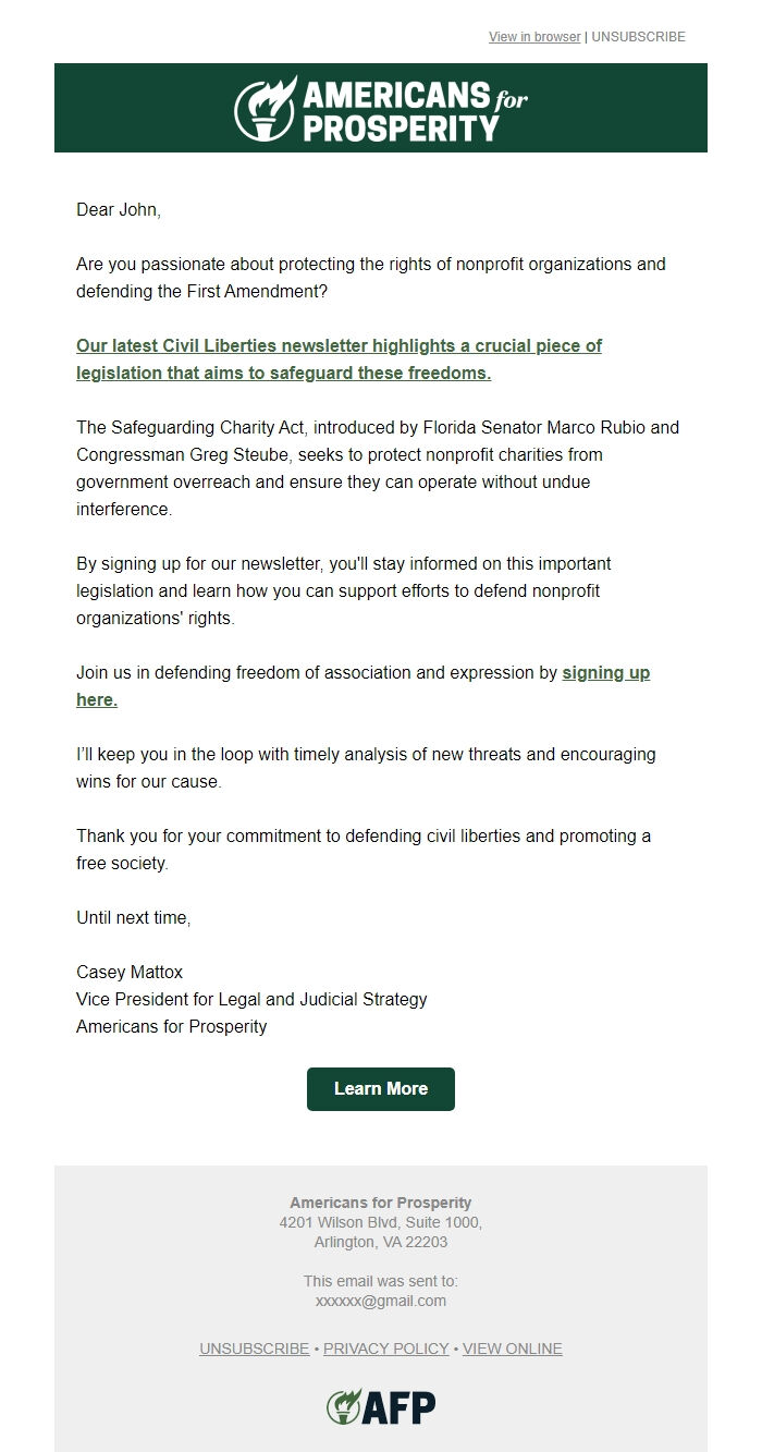 Screenshot of the email generated on import
