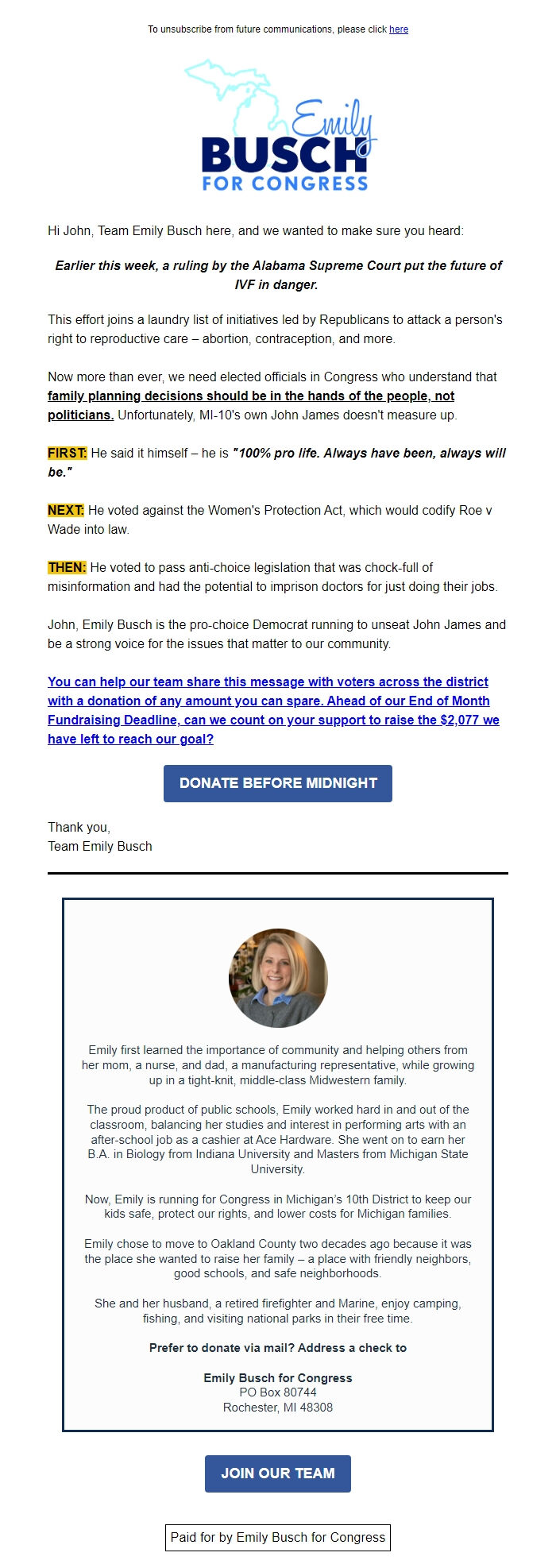 Screenshot of the email generated on import