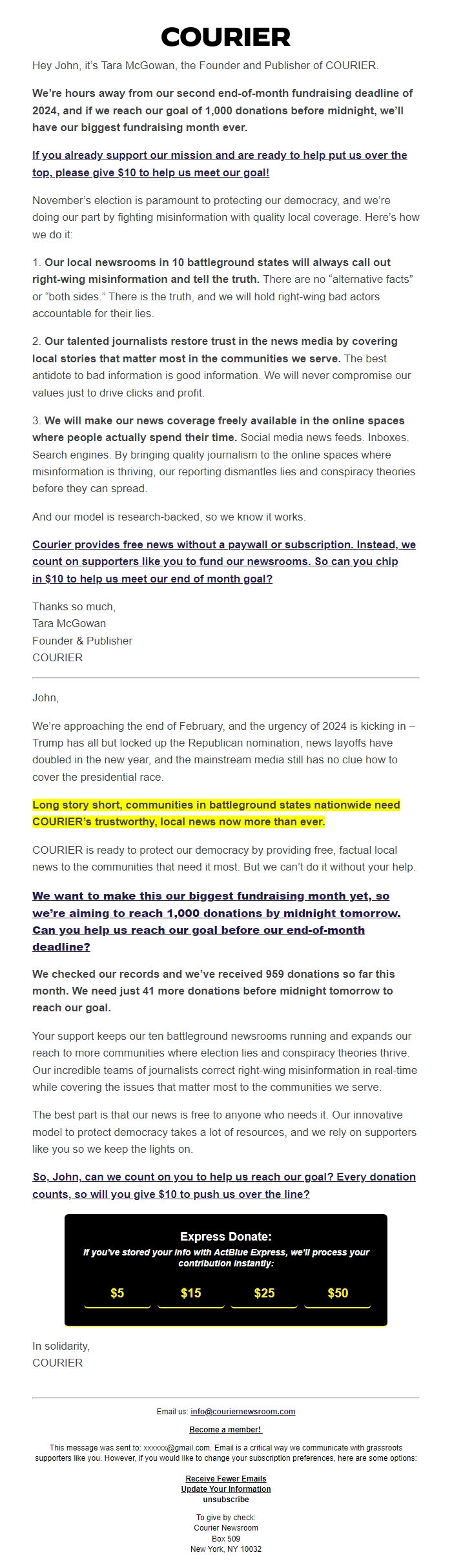 Screenshot of the email generated on import