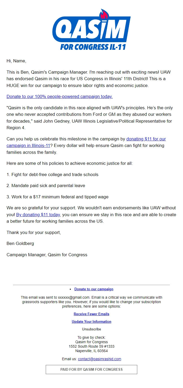 Screenshot of the email generated on import