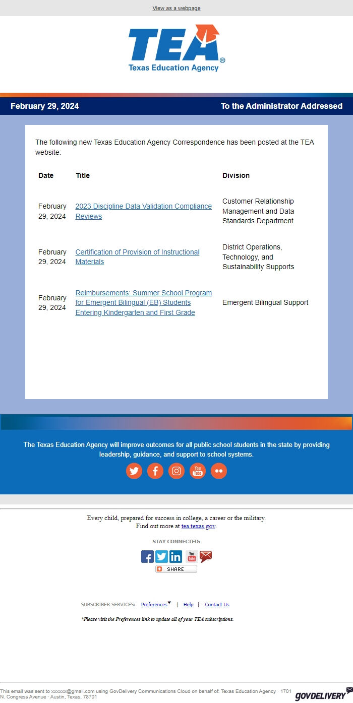 Screenshot of the email generated on import