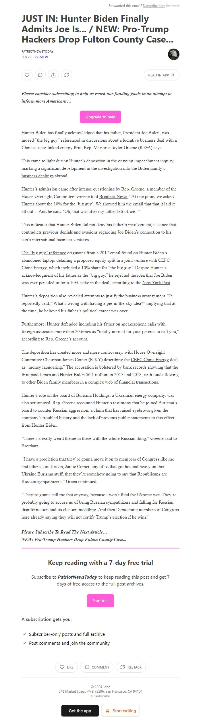 Screenshot of the email generated on import