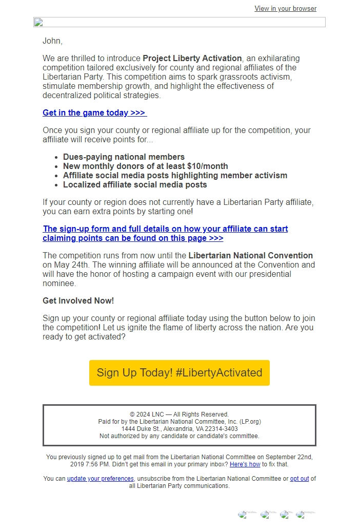Screenshot of the email generated on import