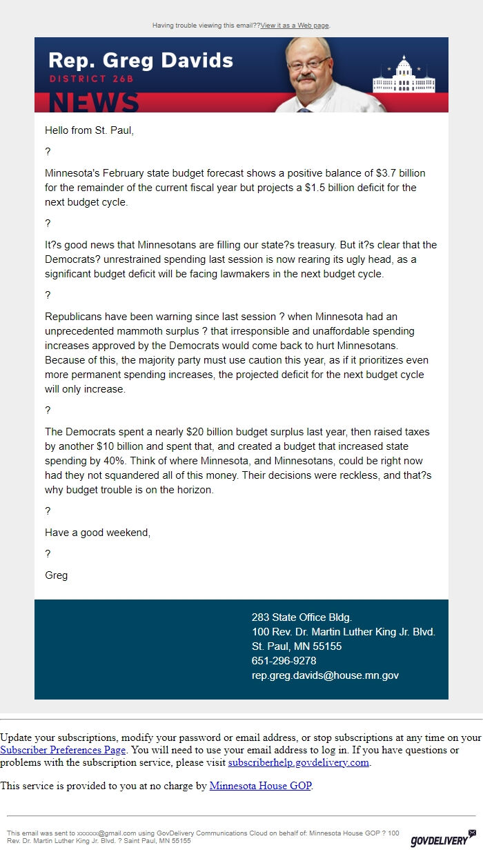 Screenshot of the email generated on import