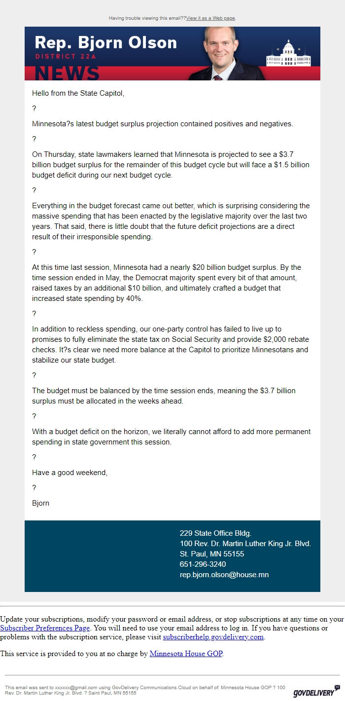 Screenshot of the email generated on import