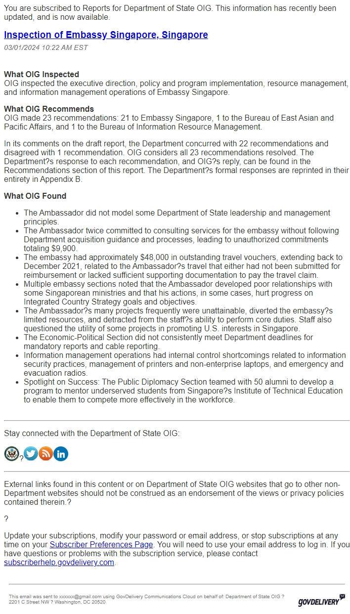 Screenshot of the email generated on import
