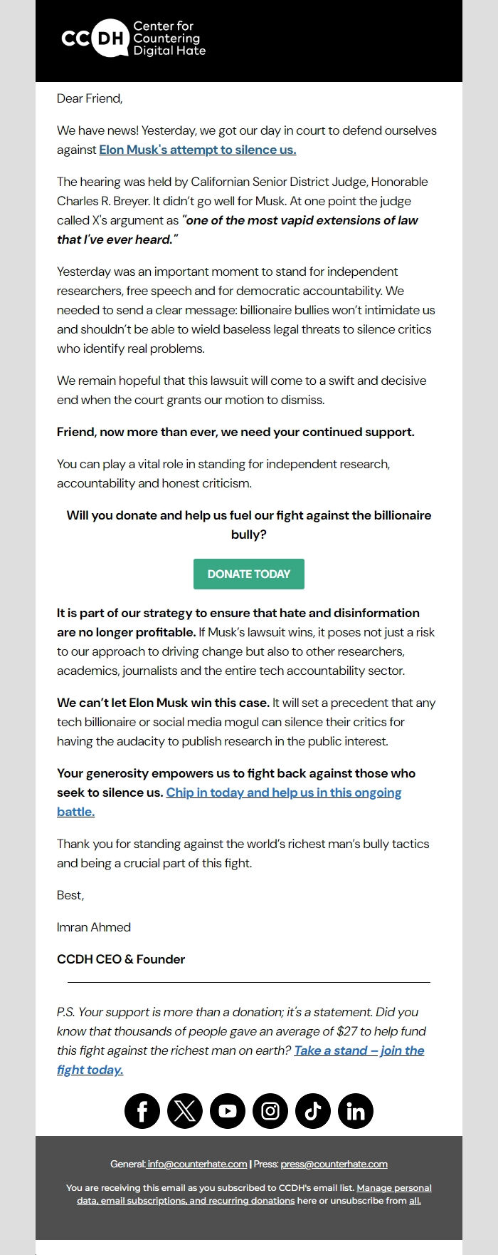 Screenshot of the email generated on import