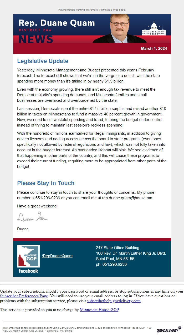 Screenshot of the email generated on import