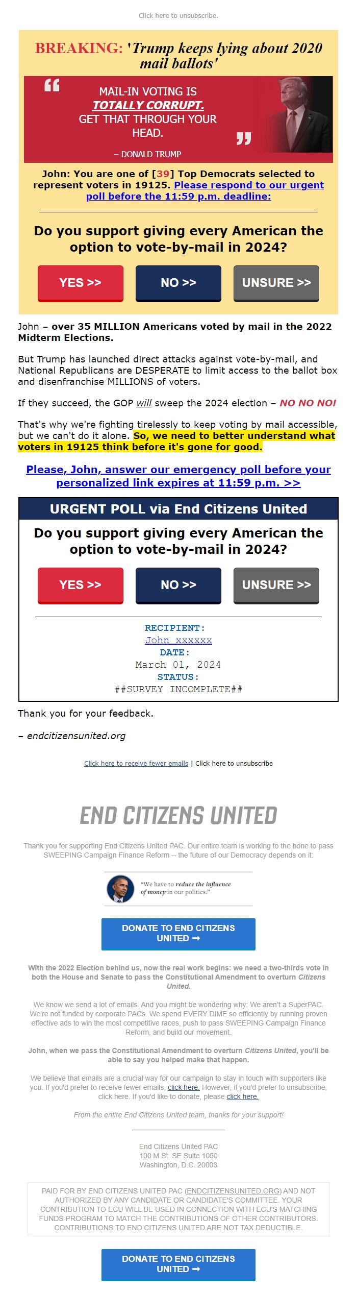 Screenshot of the email generated on import