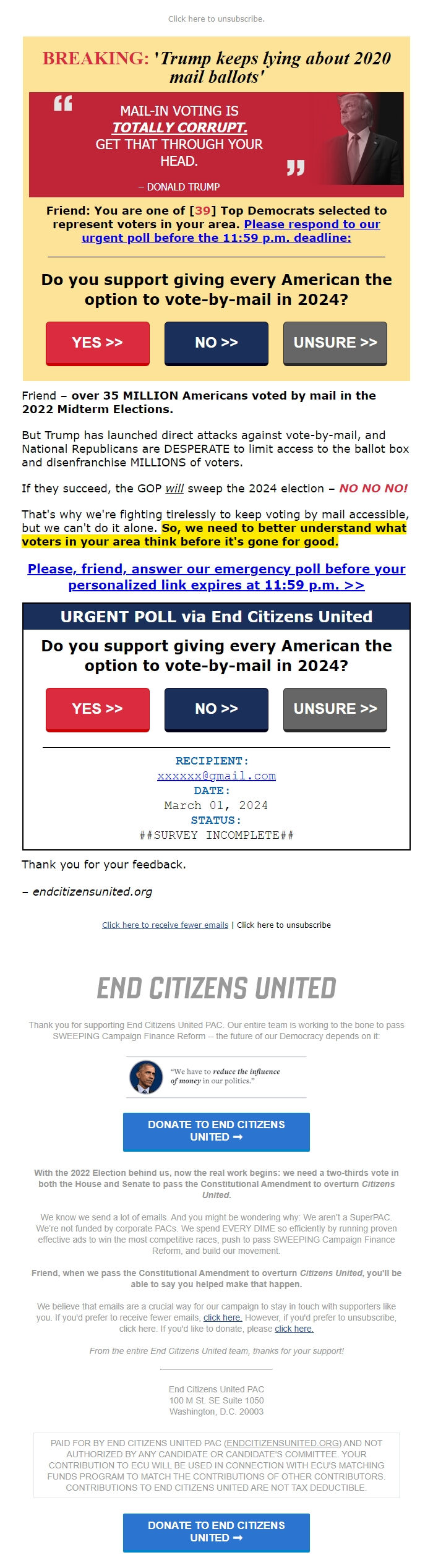 Screenshot of the email generated on import