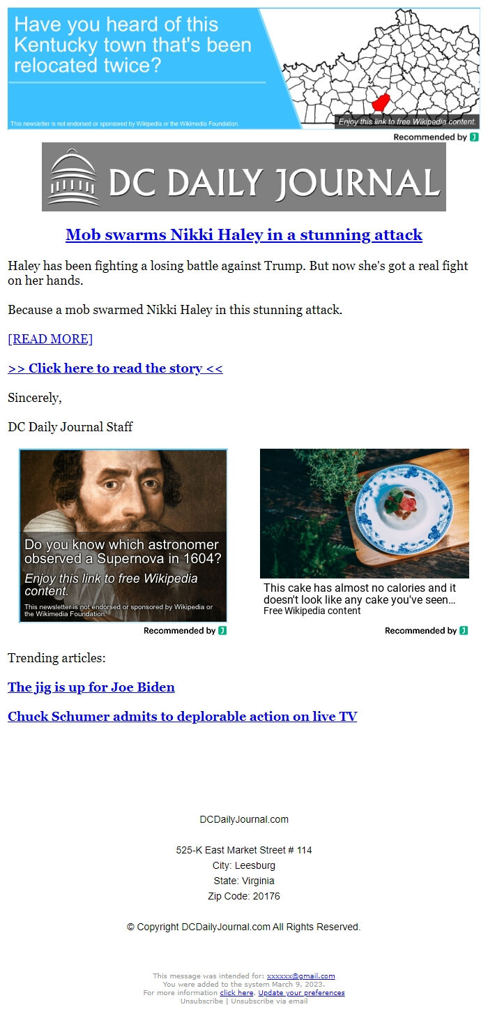 Screenshot of the email generated on import