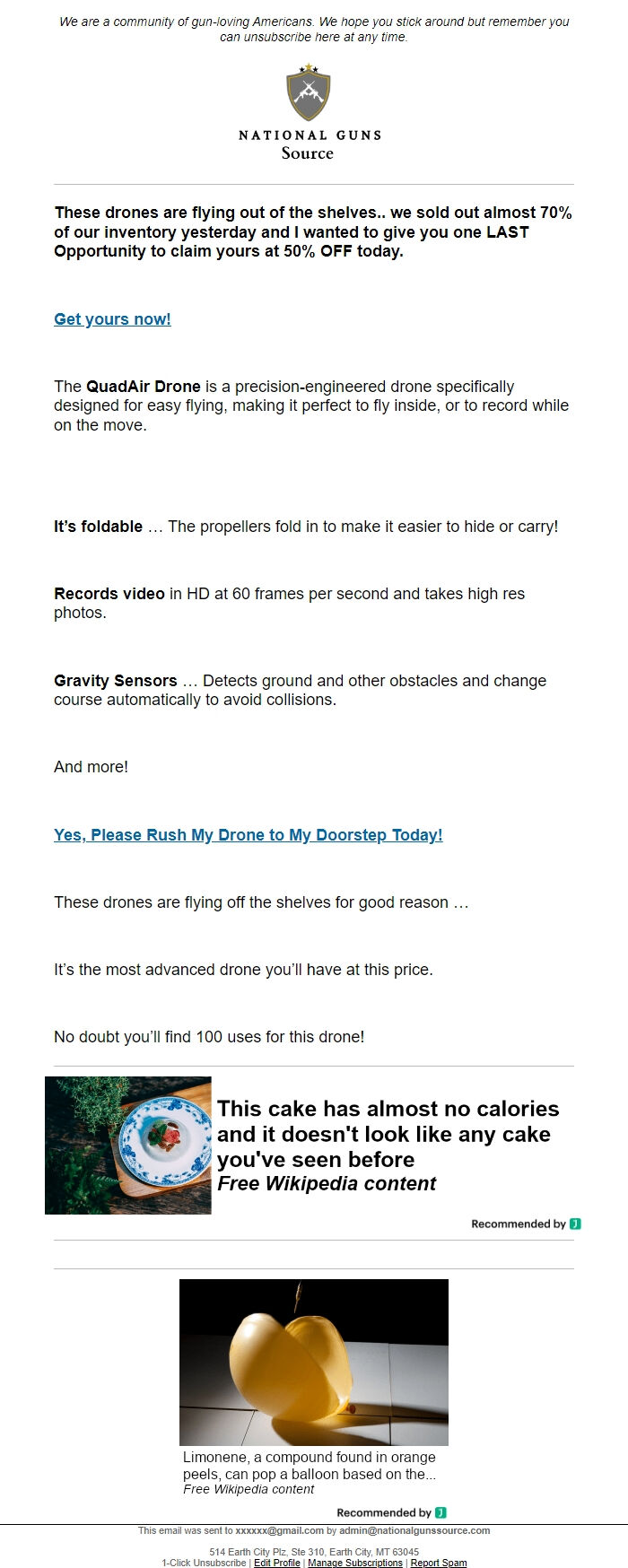 Screenshot of the email generated on import