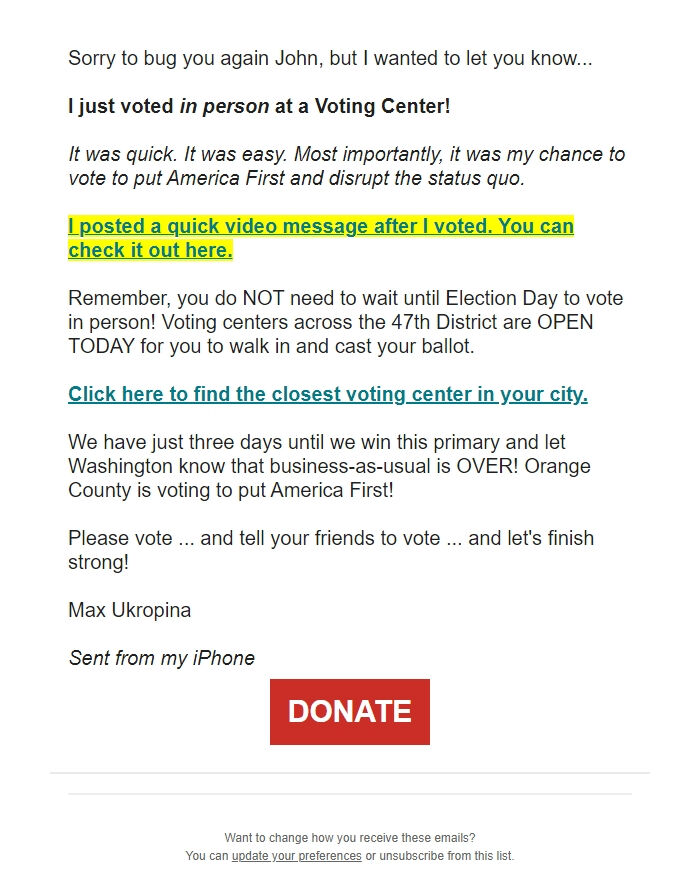 Screenshot of the email generated on import