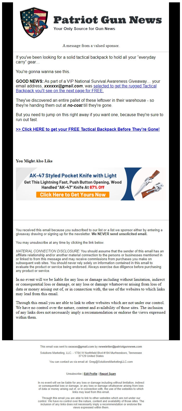Screenshot of the email generated on import