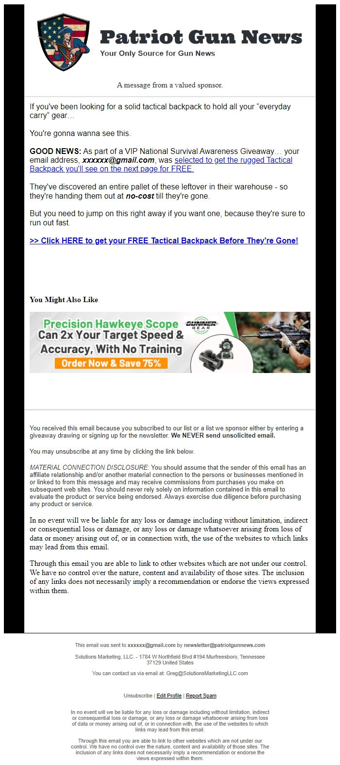 Screenshot of the email generated on import