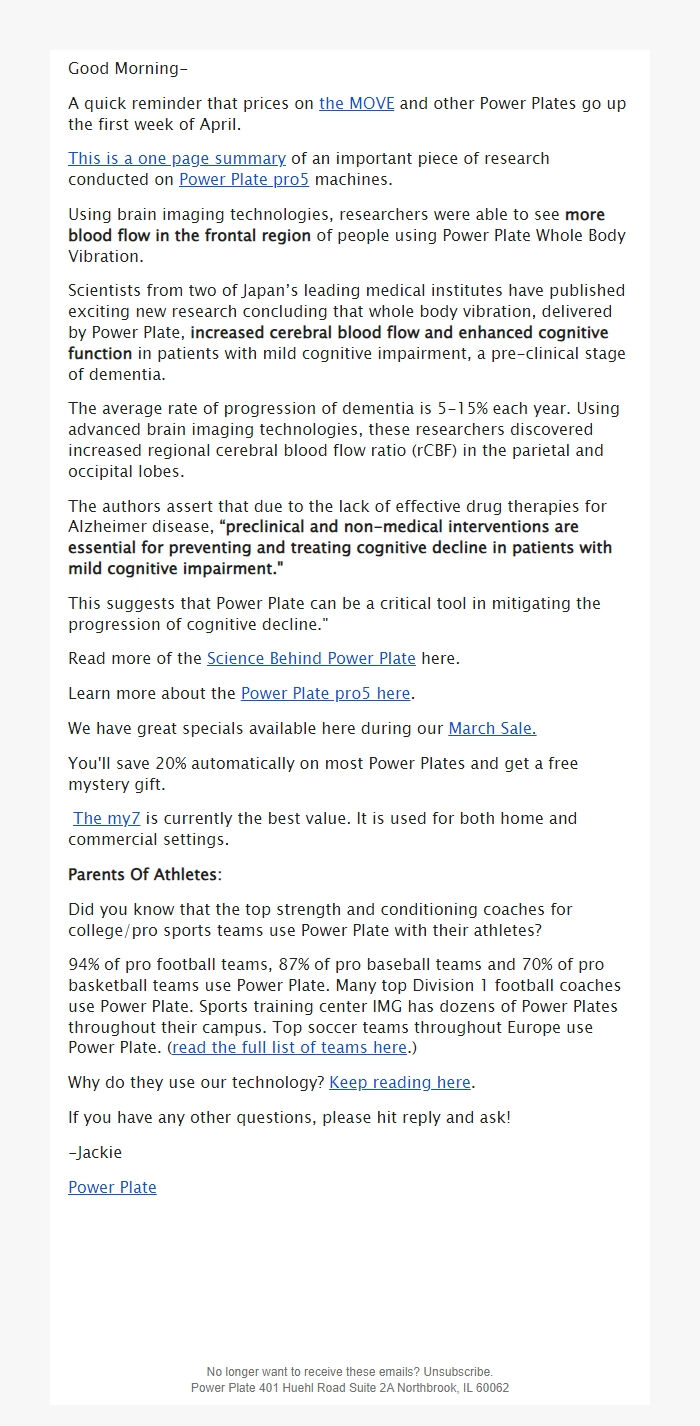 Screenshot of the email generated on import