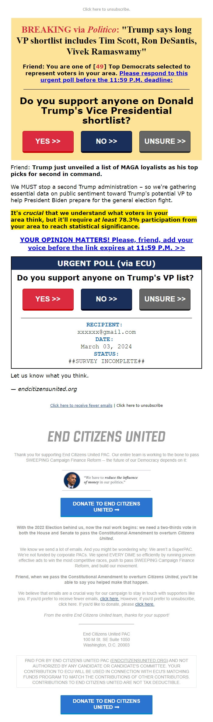 Screenshot of the email generated on import