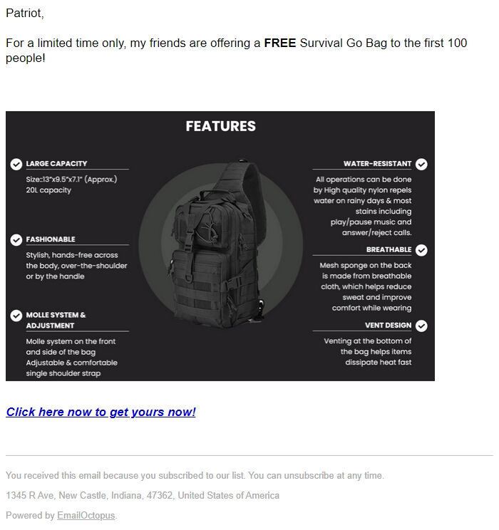 Screenshot of the email generated on import