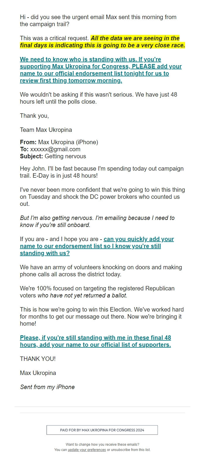 Screenshot of the email generated on import