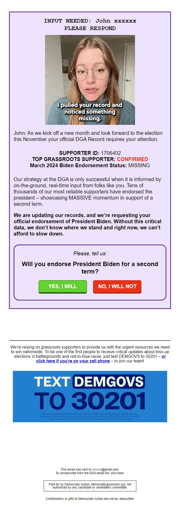 Screenshot of the email generated on import