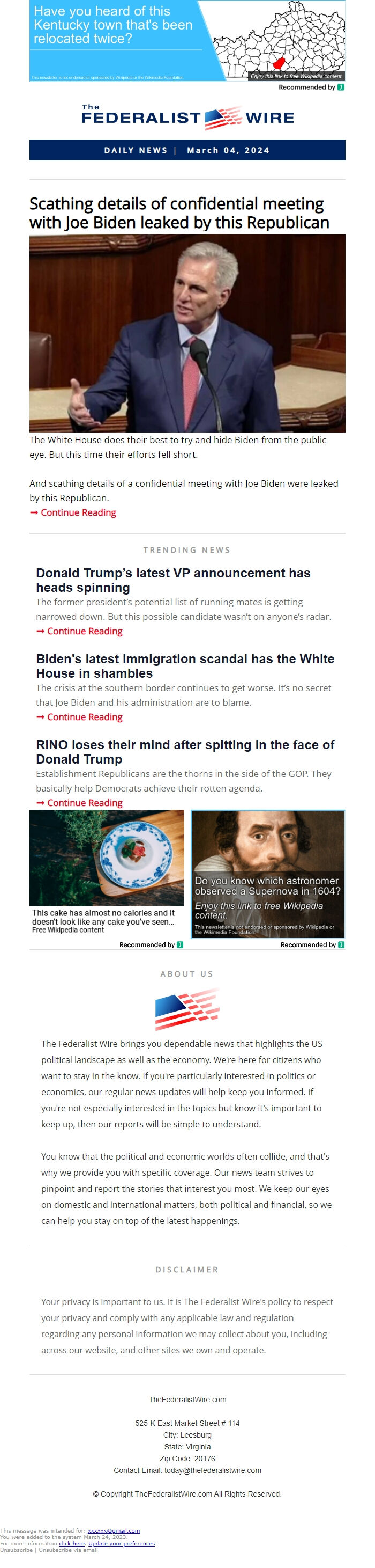 Screenshot of the email generated on import