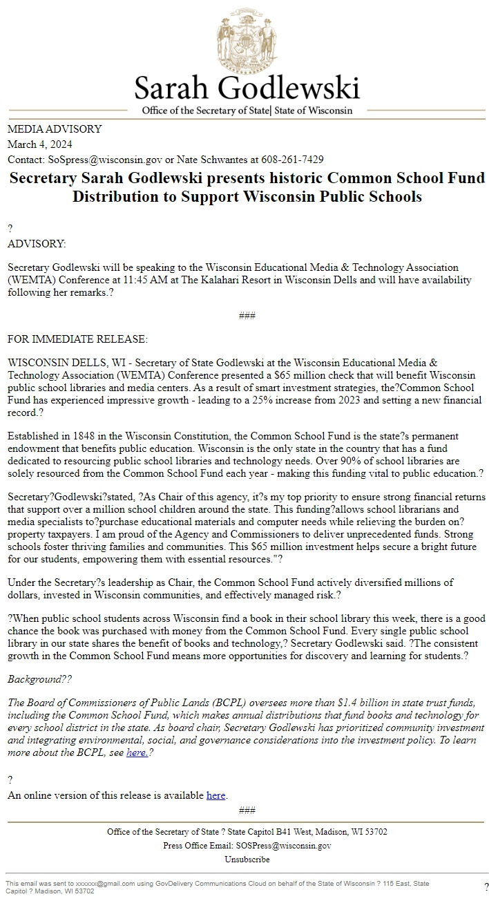 Screenshot of the email generated on import