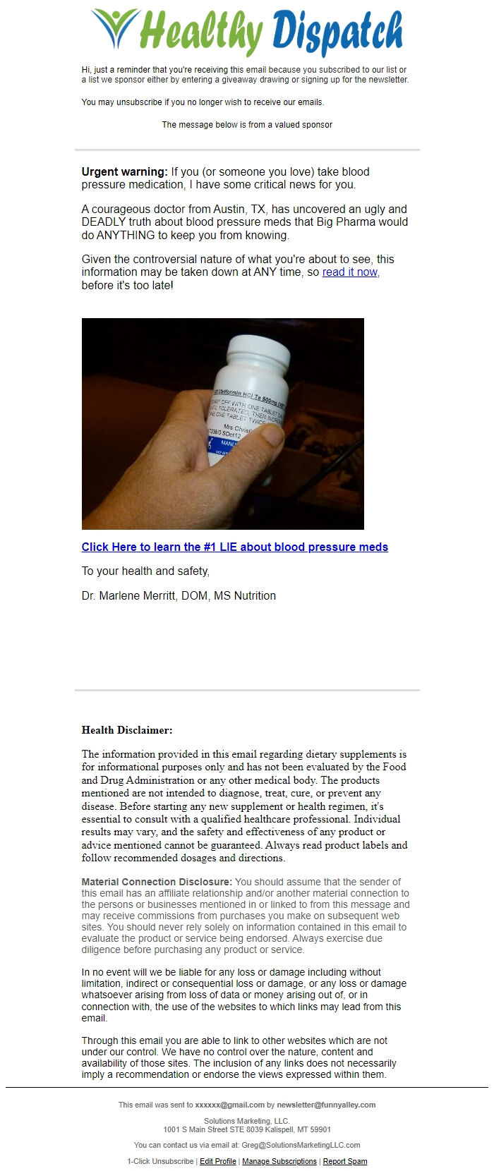 Screenshot of the email generated on import