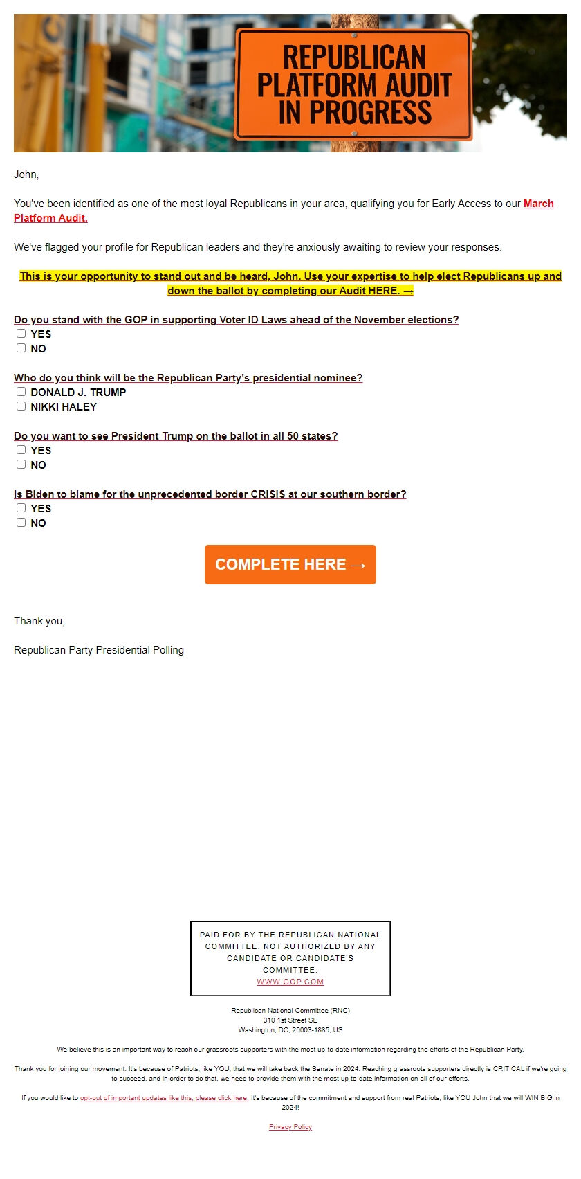 Screenshot of the email generated on import