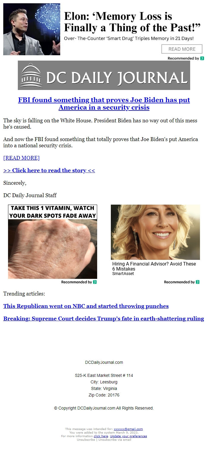 Screenshot of the email generated on import