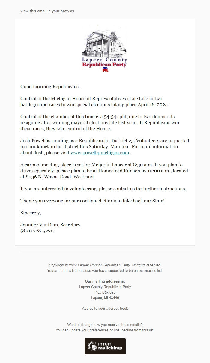 Screenshot of the email generated on import