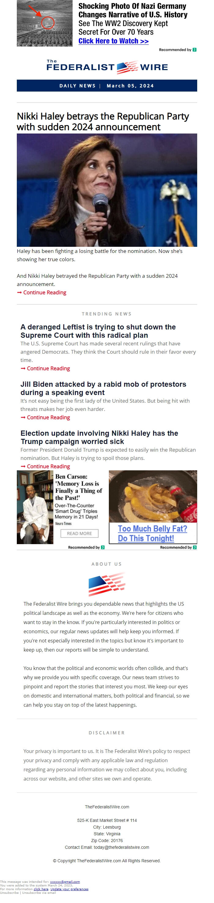 Screenshot of the email generated on import