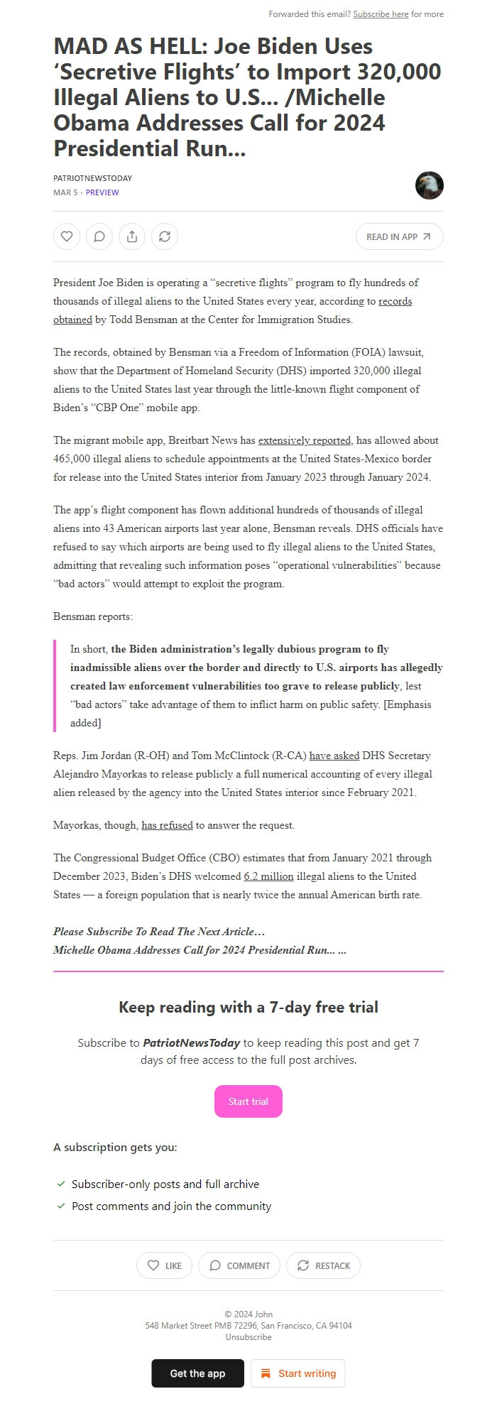 Screenshot of the email generated on import