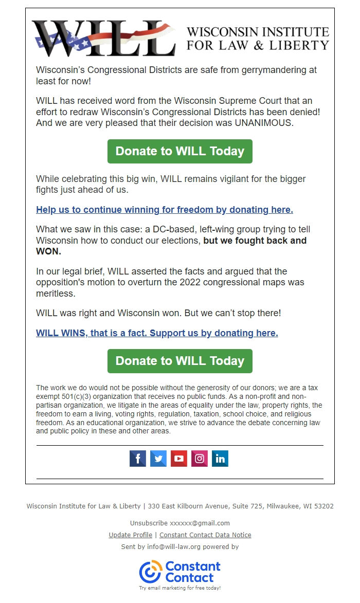 Screenshot of the email generated on import