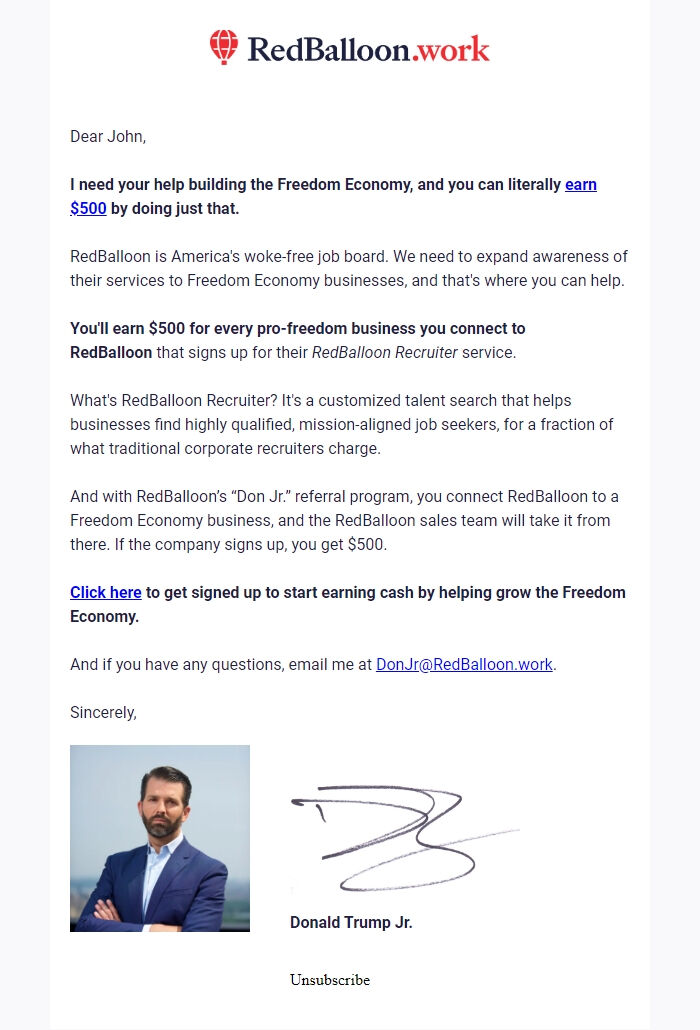 Screenshot of the email generated on import