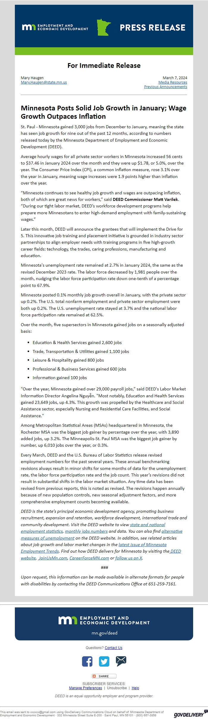 Screenshot of the email generated on import