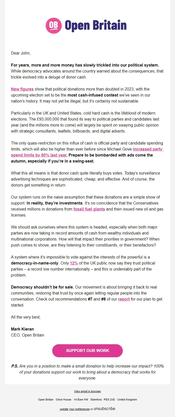 Screenshot of the email generated on import