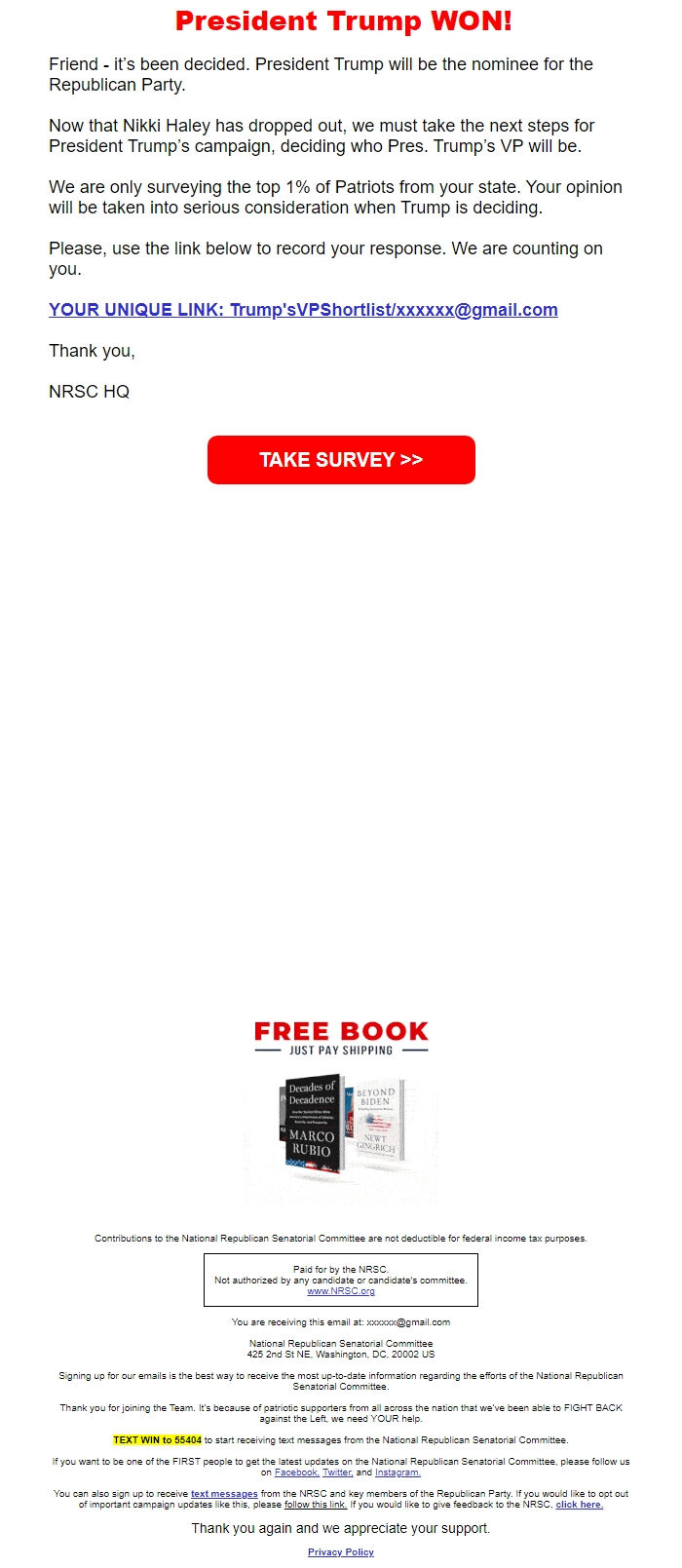 Screenshot of the email generated on import