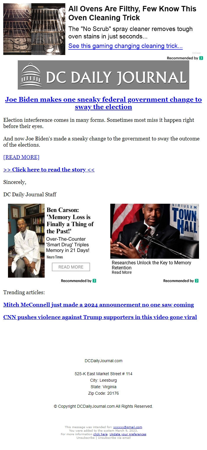 Screenshot of the email generated on import