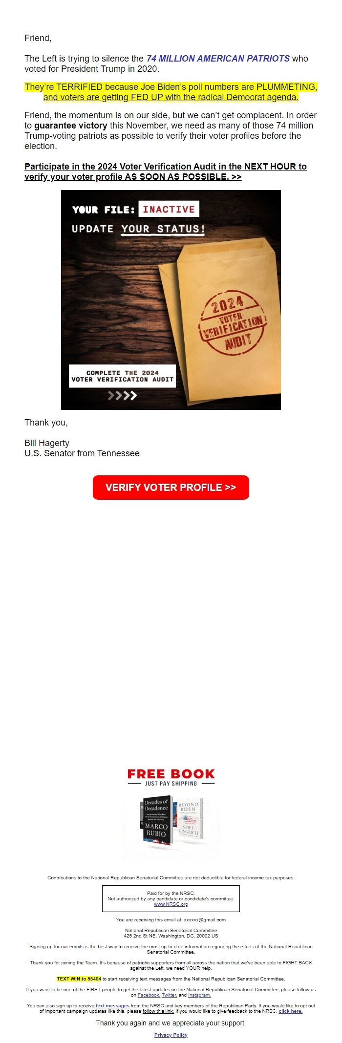 Screenshot of the email generated on import