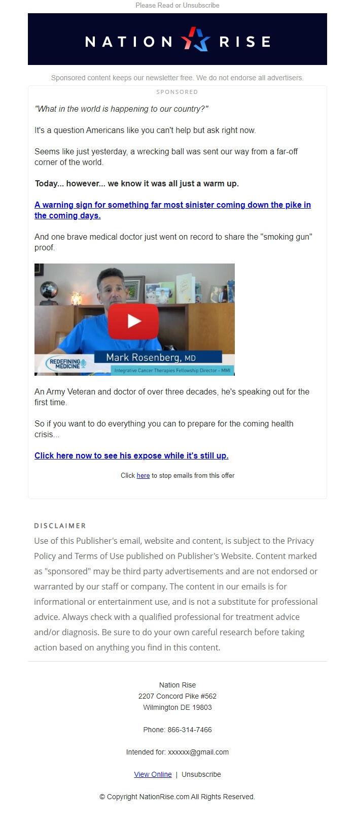 Screenshot of the email generated on import