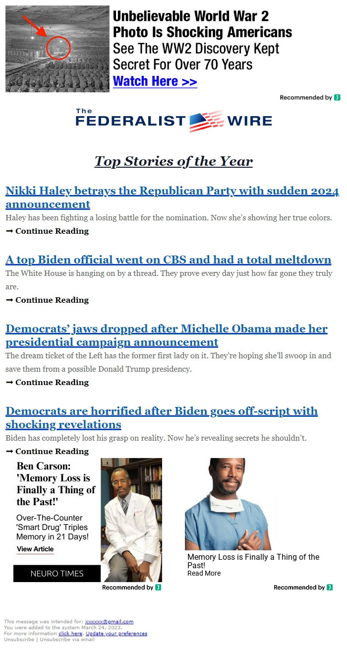 Screenshot of the email generated on import