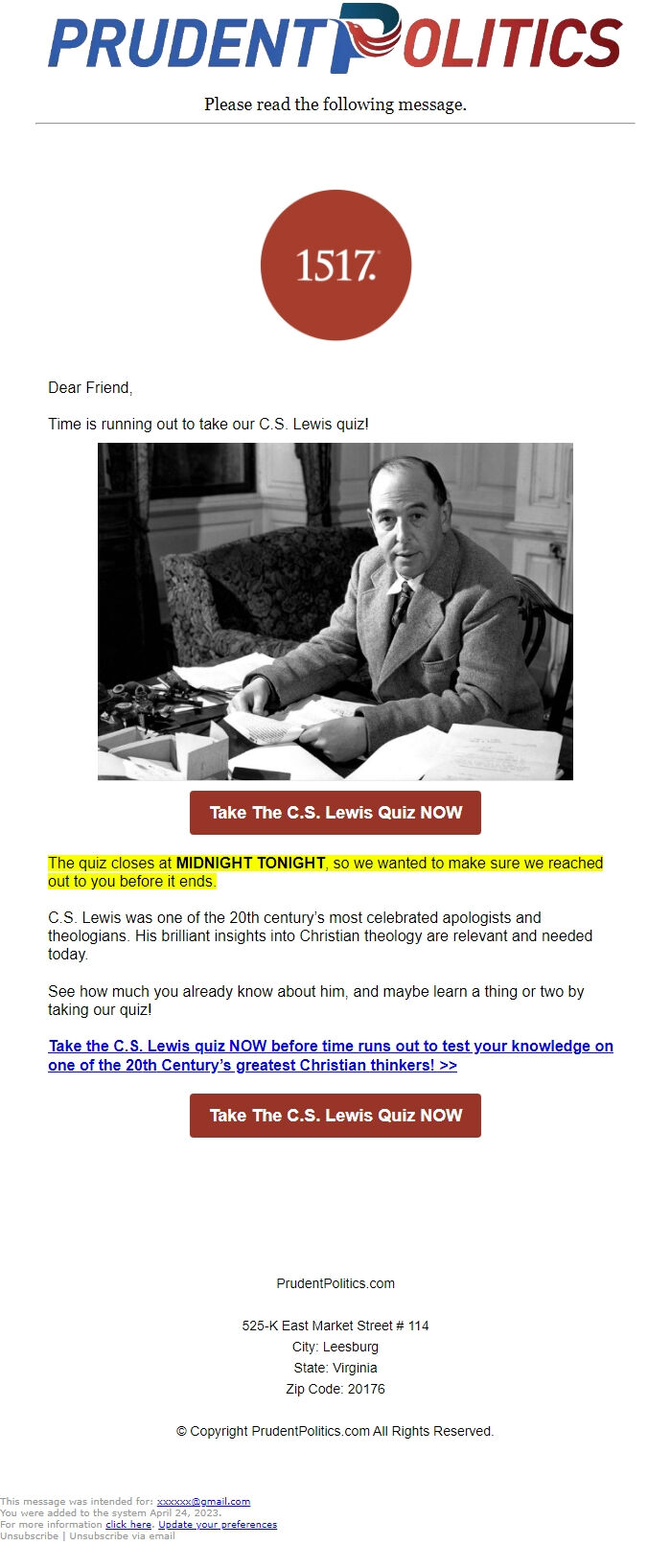 Screenshot of the email generated on import