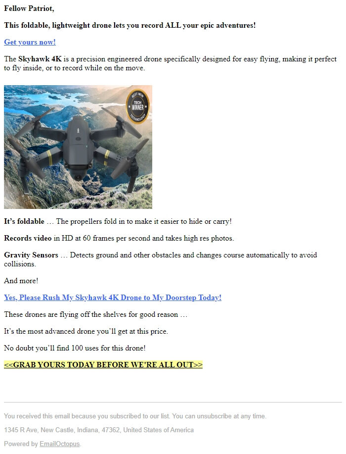 Screenshot of the email generated on import