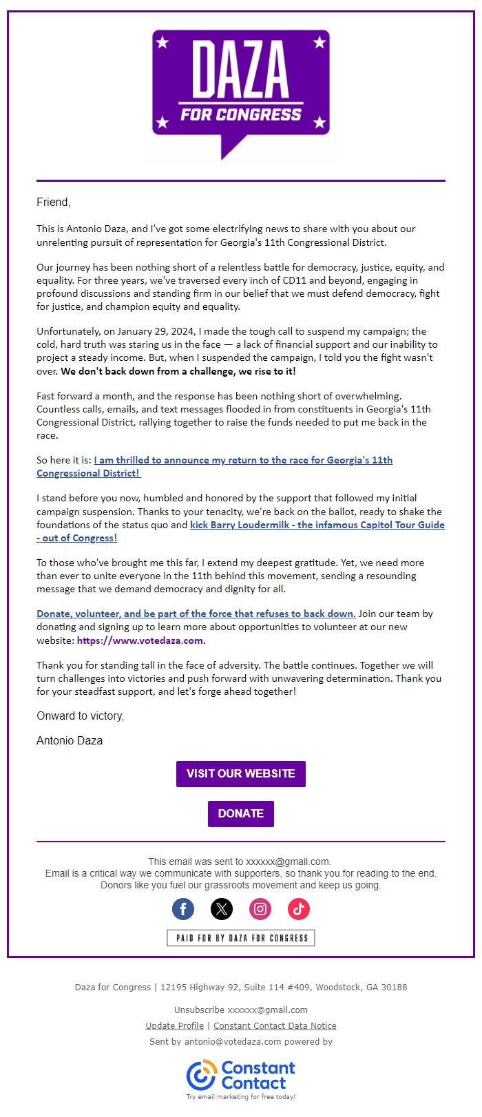 Screenshot of the email generated on import