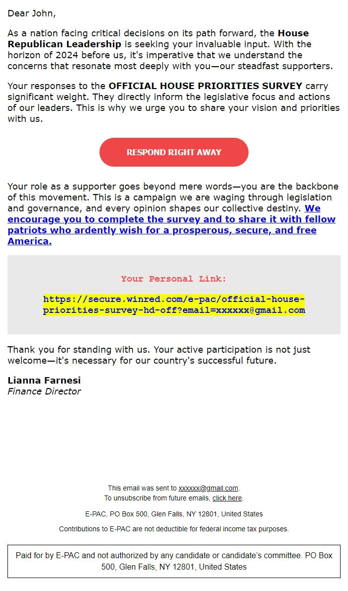 Screenshot of the email generated on import