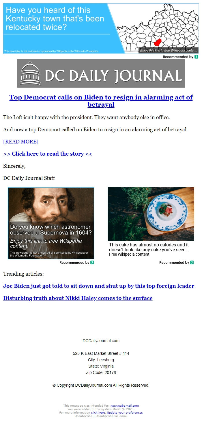 Screenshot of the email generated on import